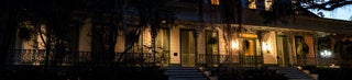 Front porch lit at night