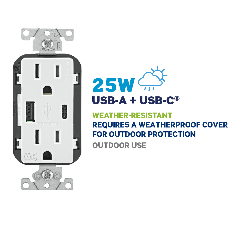 Leviton W5633 - Weather-Resistant 25W USB-A + USB-C Charger