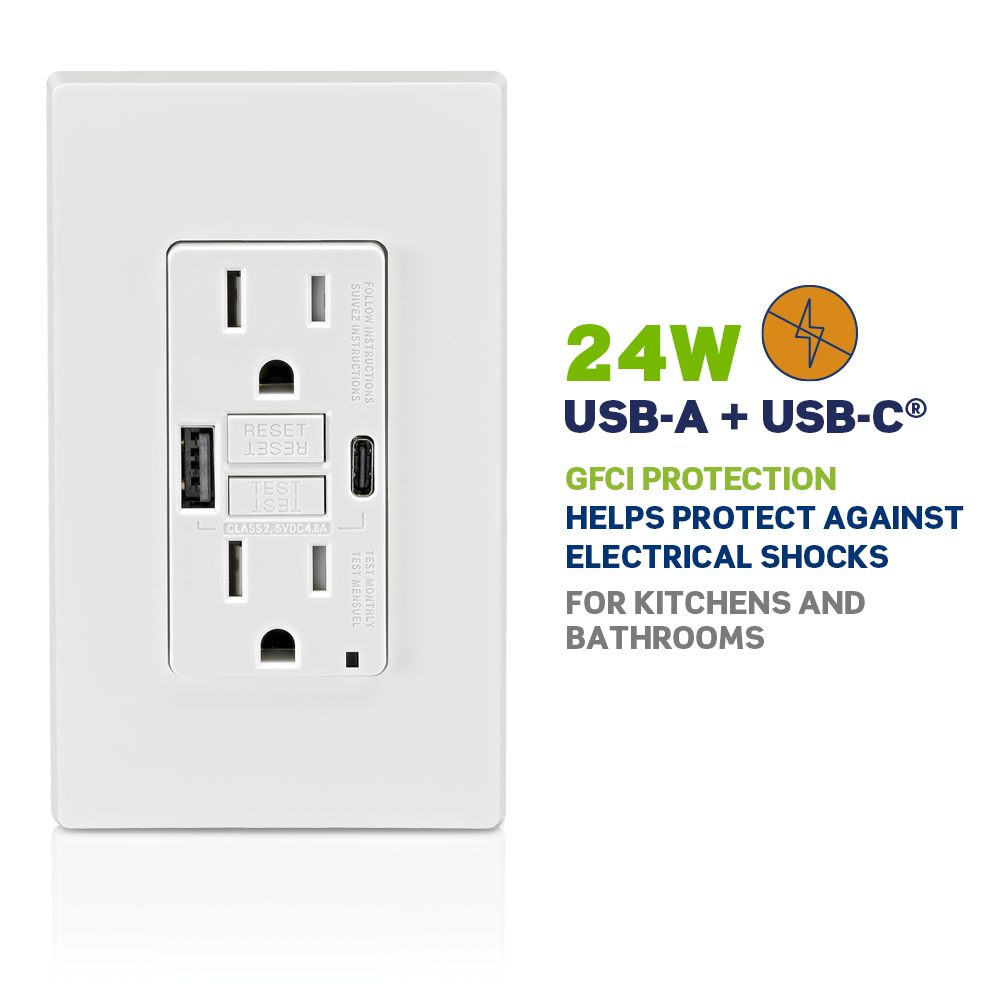 Leviton GUAC1 - 24W USB A/C Charger with GFCI Protection