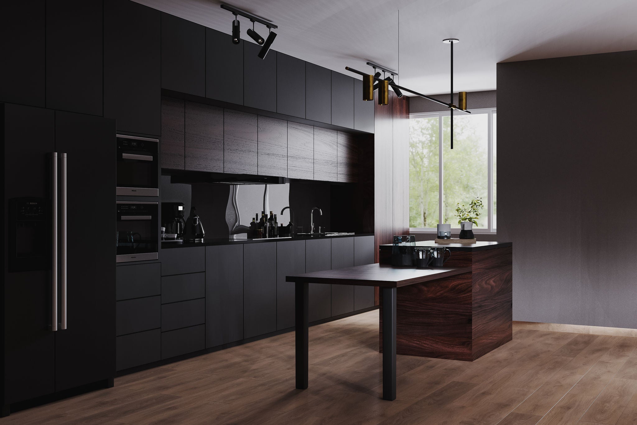 Modern dark kitchen and dinning room interior with furniture and kitchenware, grey, black and dark wood kitchen interior background, luxury kitchen, 3d rendering
