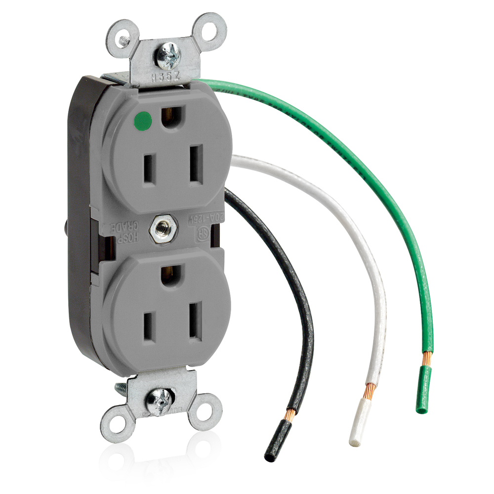 Product image for 15 Amp Duplex Receptacle/Outlet, Hospital Grade, Self-Grounding