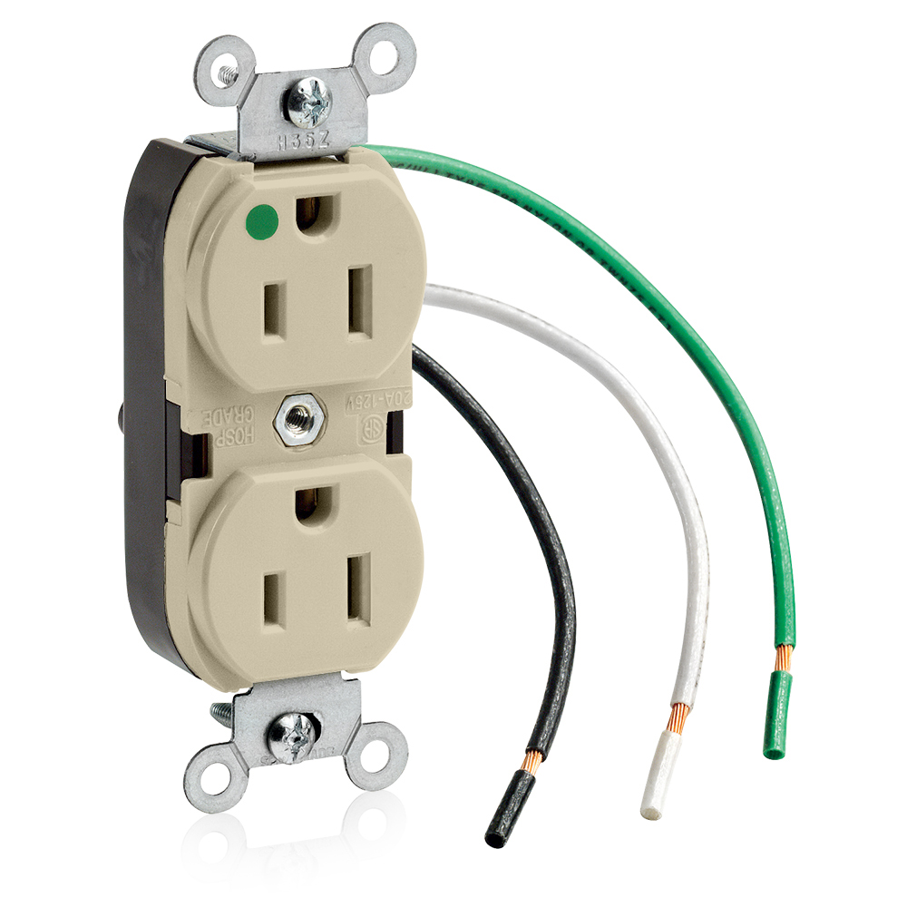 Product image for 15 Amp Duplex Receptacle/Outlet, Hospital Grade, Self-Grounding