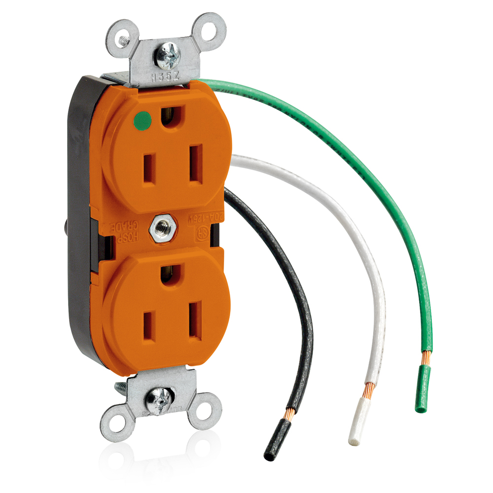 Product image for 15 Amp Isolated Ground Duplex Receptacle/Outlet, Hospital Grade, Self-Grounding