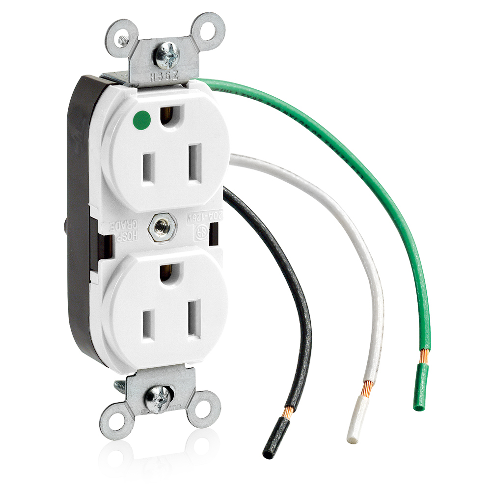 Product image for 15 Amp Duplex Receptacle/Outlet, Hospital Grade, Self-Grounding