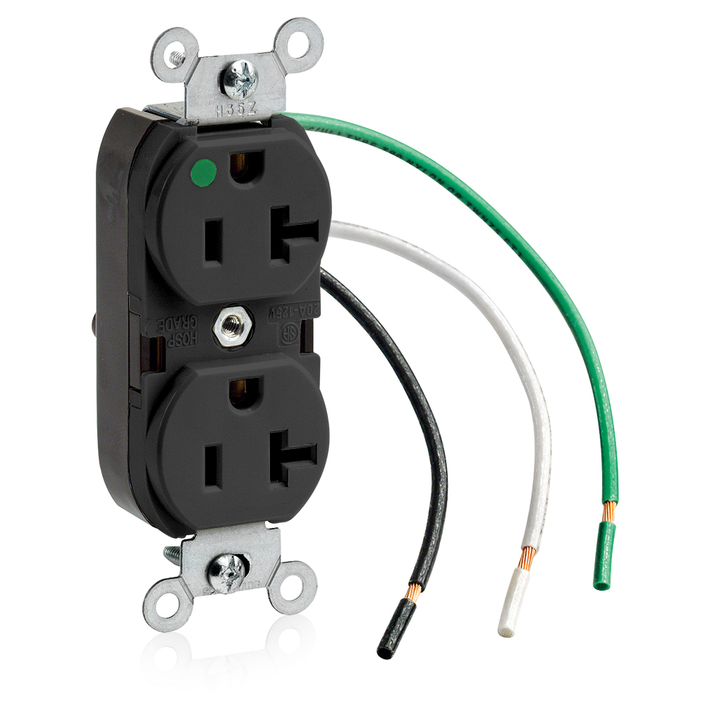 Product image for 20 Amp Duplex Receptacle/Outlet, Hospital Grade, Self-Grounding