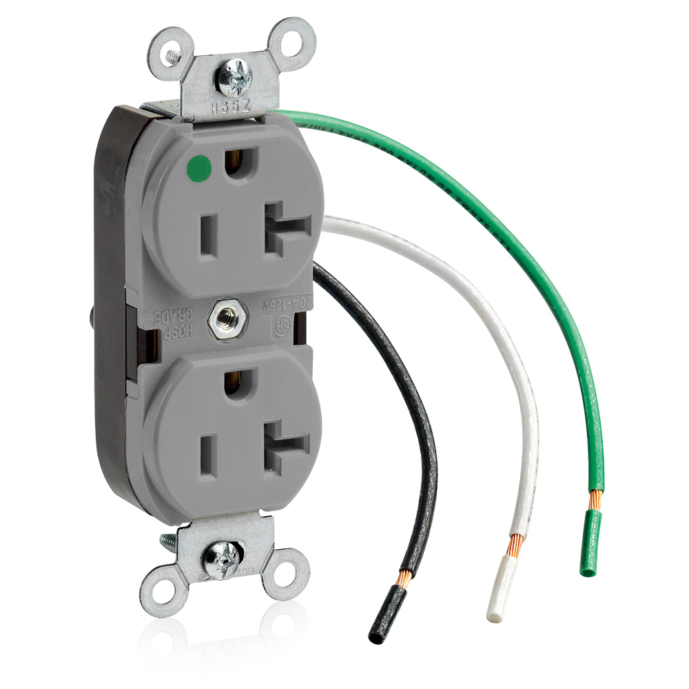 Product image for 20 Amp Duplex Receptacle/Outlet, Hospital Grade, Self-Grounding