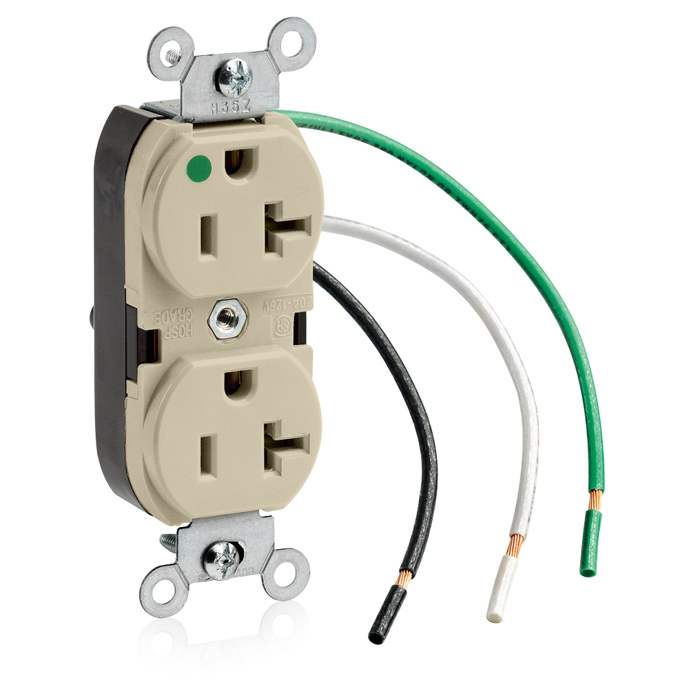 Product image for 20 Amp Duplex Receptacle/Outlet, Hospital Grade, Self-Grounding