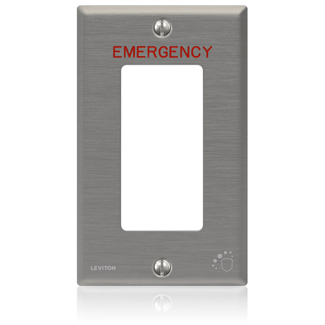 Product image for 1-Gang Decora Wallplate, Standard Size, Antimicrobial Treated Powder Coated Stainless Steel, Engraved Emergency Red Lettering