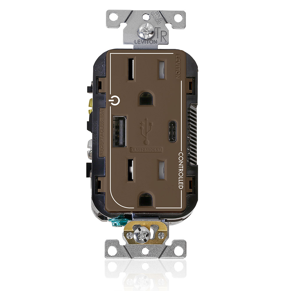 Product image for Dual Marked “Controlled” Tamper-Resistant USB Receptacle, Type A/C, 15 Amp 125 Volt, Brown