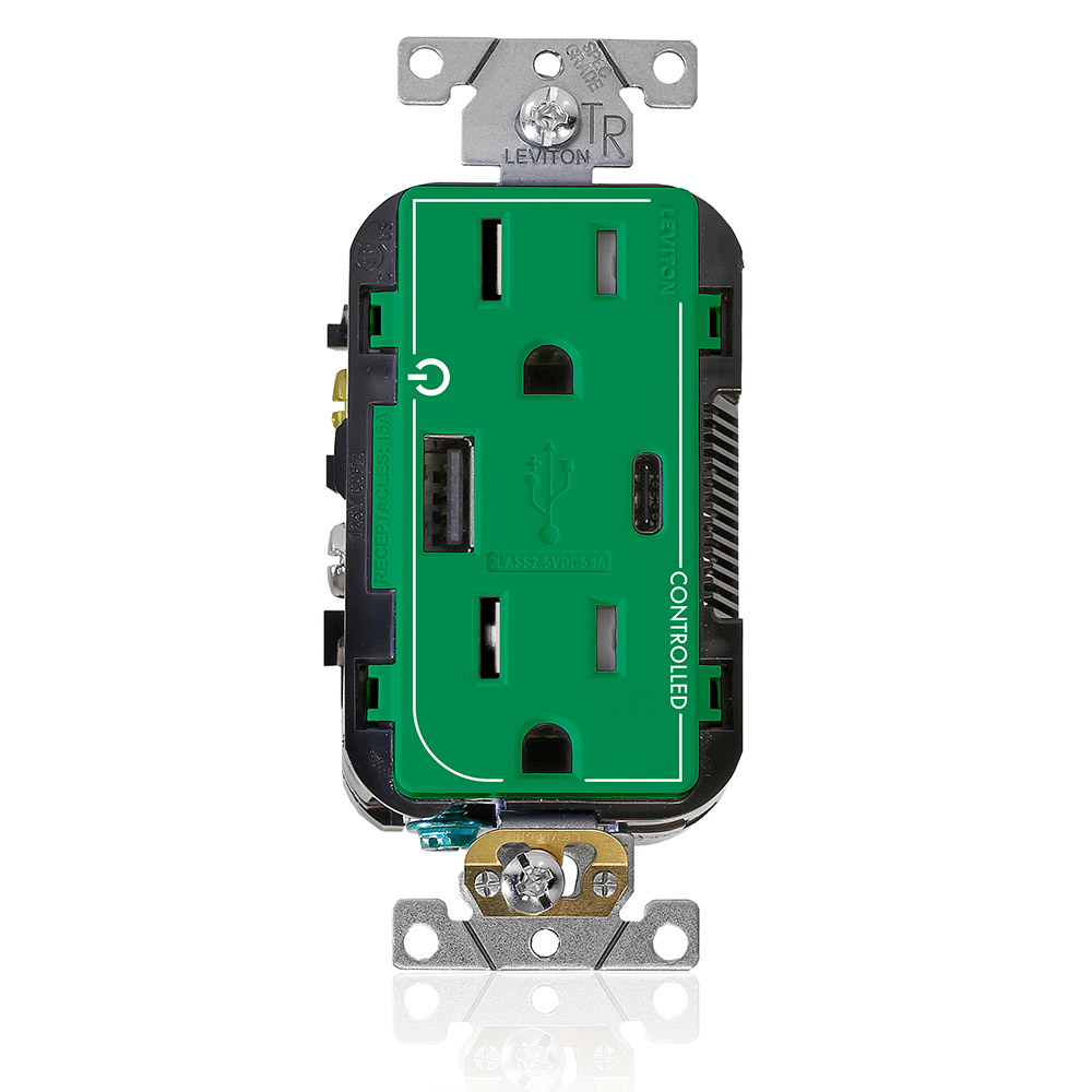 Product image for Dual Marked “Controlled” Tamper-Resistant USB Receptacle, Type A/C, 15 Amp 125 Volt, Green