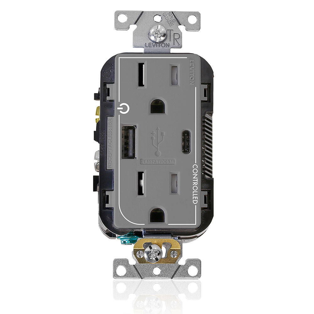 Product image for Dual Marked “Controlled” Tamper-Resistant USB Receptacle, Type A/C, 15 Amp 125 Volt, Gray