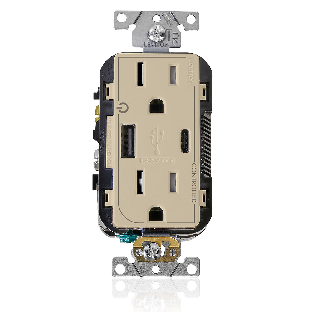 Product image for Dual Marked “Controlled” Tamper-Resistant USB Receptacle, Type A/C, 15 Amp 125 Volt, Ivory