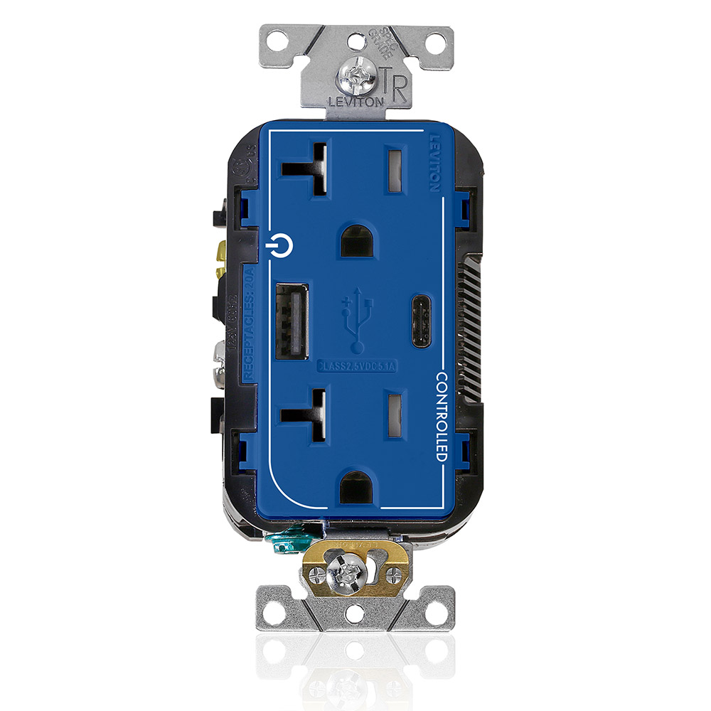 Product image for Dual Marked “Controlled” Tamper-Resistant USB Receptacle, Type A/C, 20 Amp 125 Volt, Blue