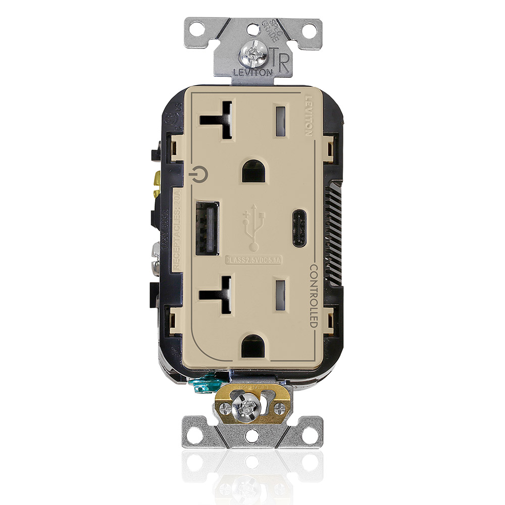 Product image for Dual Marked “Controlled” Tamper-Resistant USB Receptacle, Type A/C, 20 Amp 125 Volt, Ivory