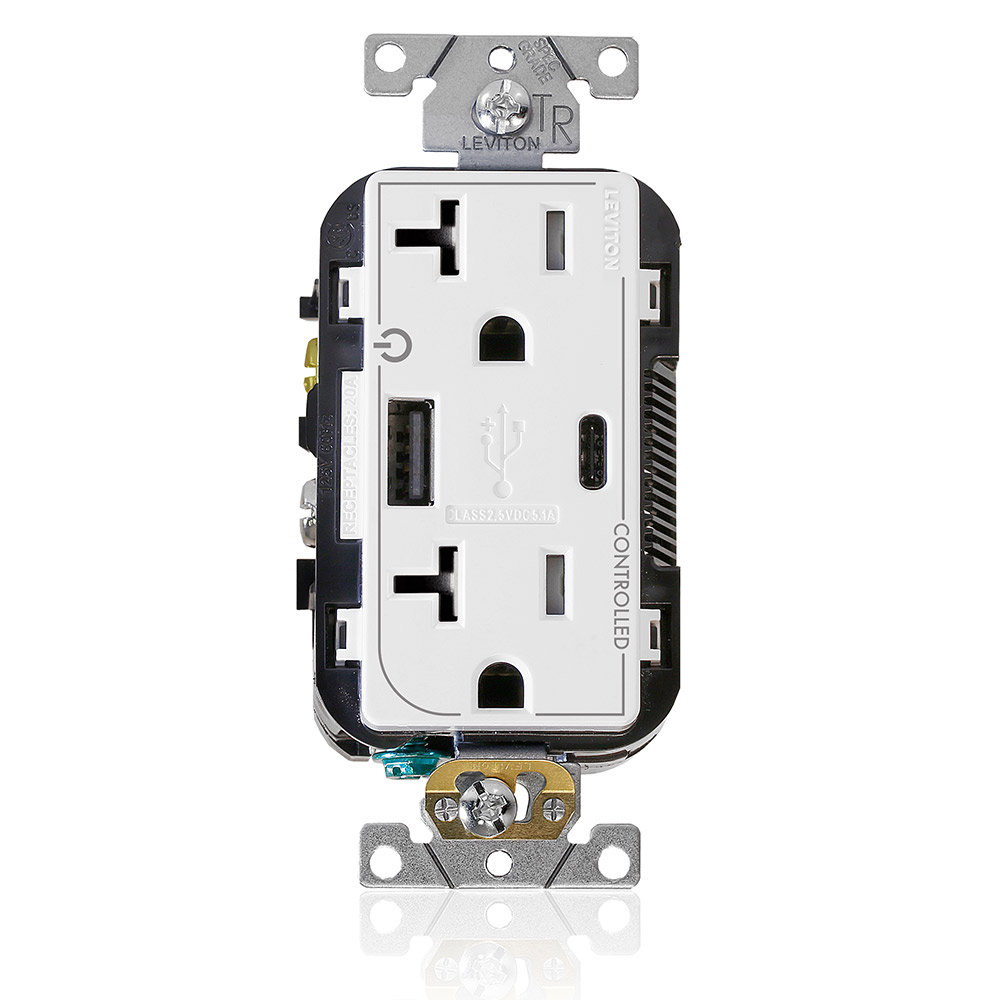 Product image for Dual Marked “Controlled” Tamper-Resistant USB Receptacle, Type A/C, 20 Amp 125 Volt, White