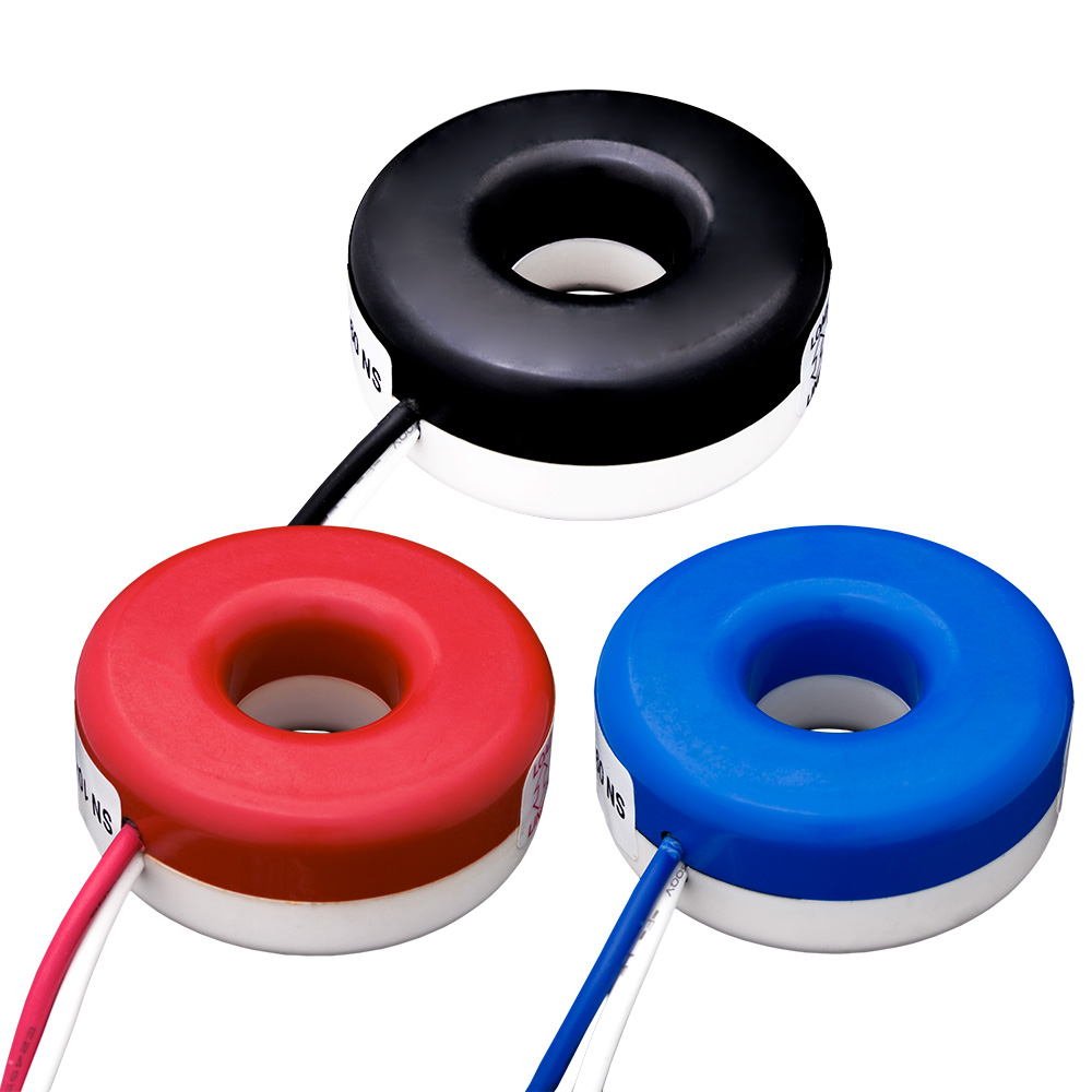Product image for Current Transformers, Solid Core, 100A, 100mA, 0.72" Opening, 48" Leads, +/-0.3% Accuracy, Quantity 3 (1 Red, 1 Black, 1 Blue), For Submetering