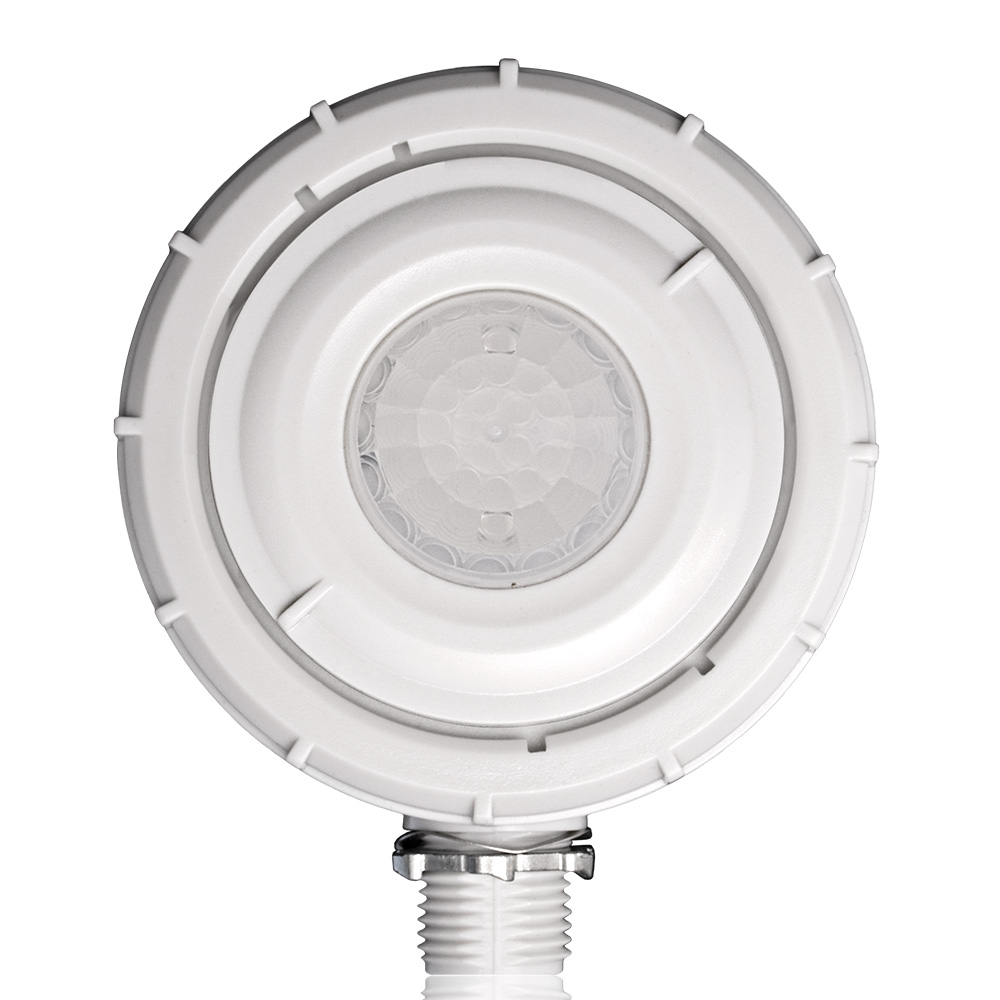 Product image for Occupancy Sensor, Fixture Mount, PIR, High Bay, Wet Location, 7.5 inch wire lead length, Interchangeable Adjustable 360 Degree Low-bay (8FT-20FT), and High-bay (20FT-40FT) Lenses, Blue Aisle Mask, White