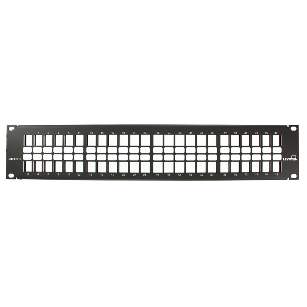 Product image for Shielded Flat QUICKPORT™ Patch Panel with Vertical Numbering, 48-Port, 2RU, Black. Cable Management bar included.