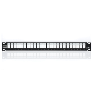 Product image for Shielded Flat QUICKPORT™ Patch Panel, 24-Port, 1RU, Black. Cable Management bar included.