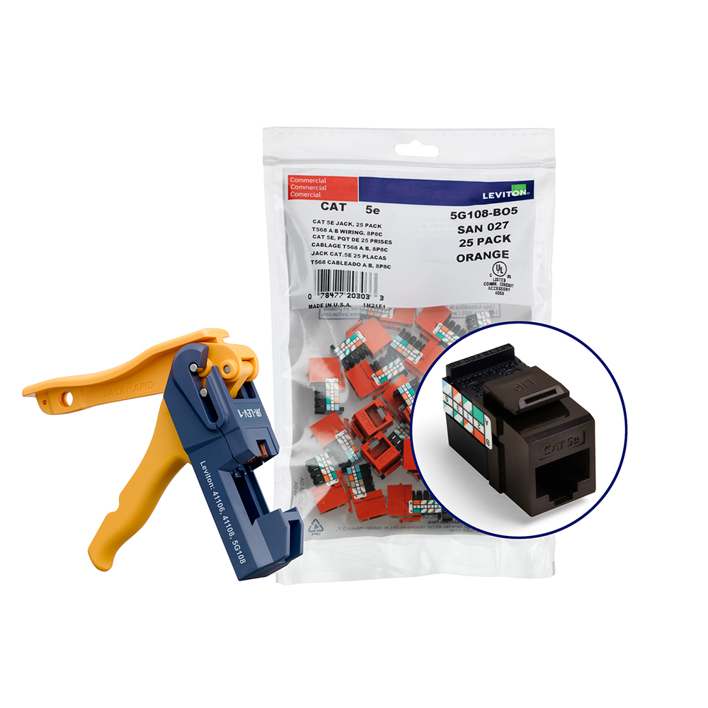 Product image for 150 GIGAMAX™ Cat 5e QUICKPORT™ Jacks, Bulk QUICKPACK™, Brown, Kitted with JackRapid™ Tool