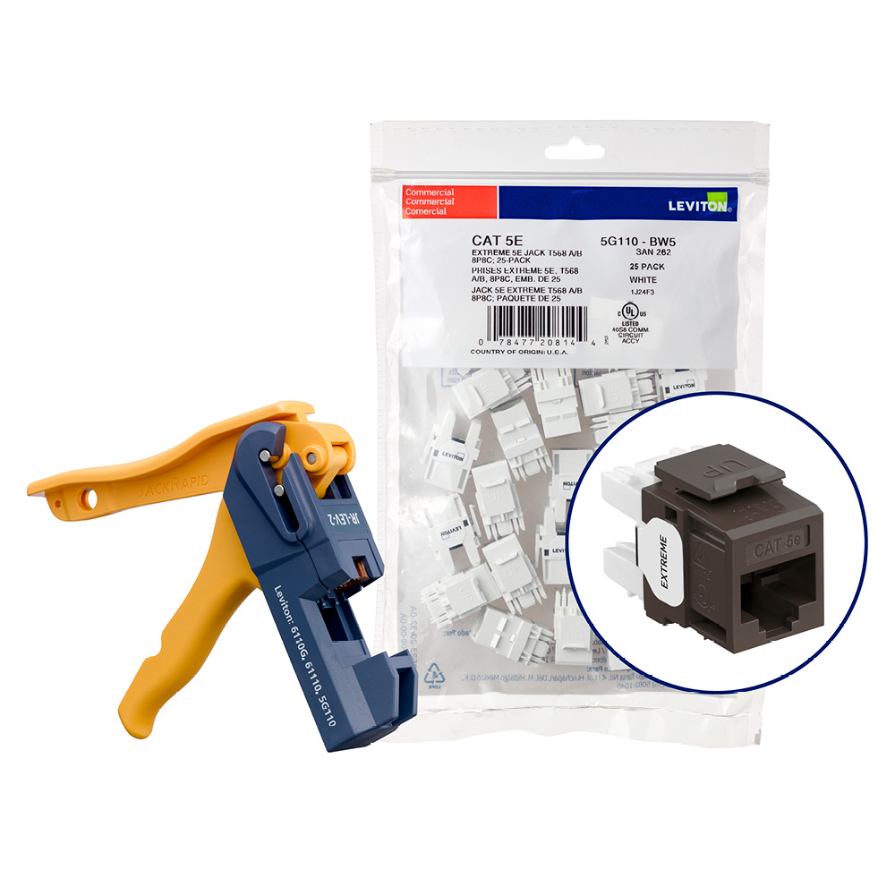 Product image for 150 EXTREME™ Cat 5e QUICKPORT™ Jacks, Bulk QUICKPACK™, Brown, Kitted with JackRapid™ Tool