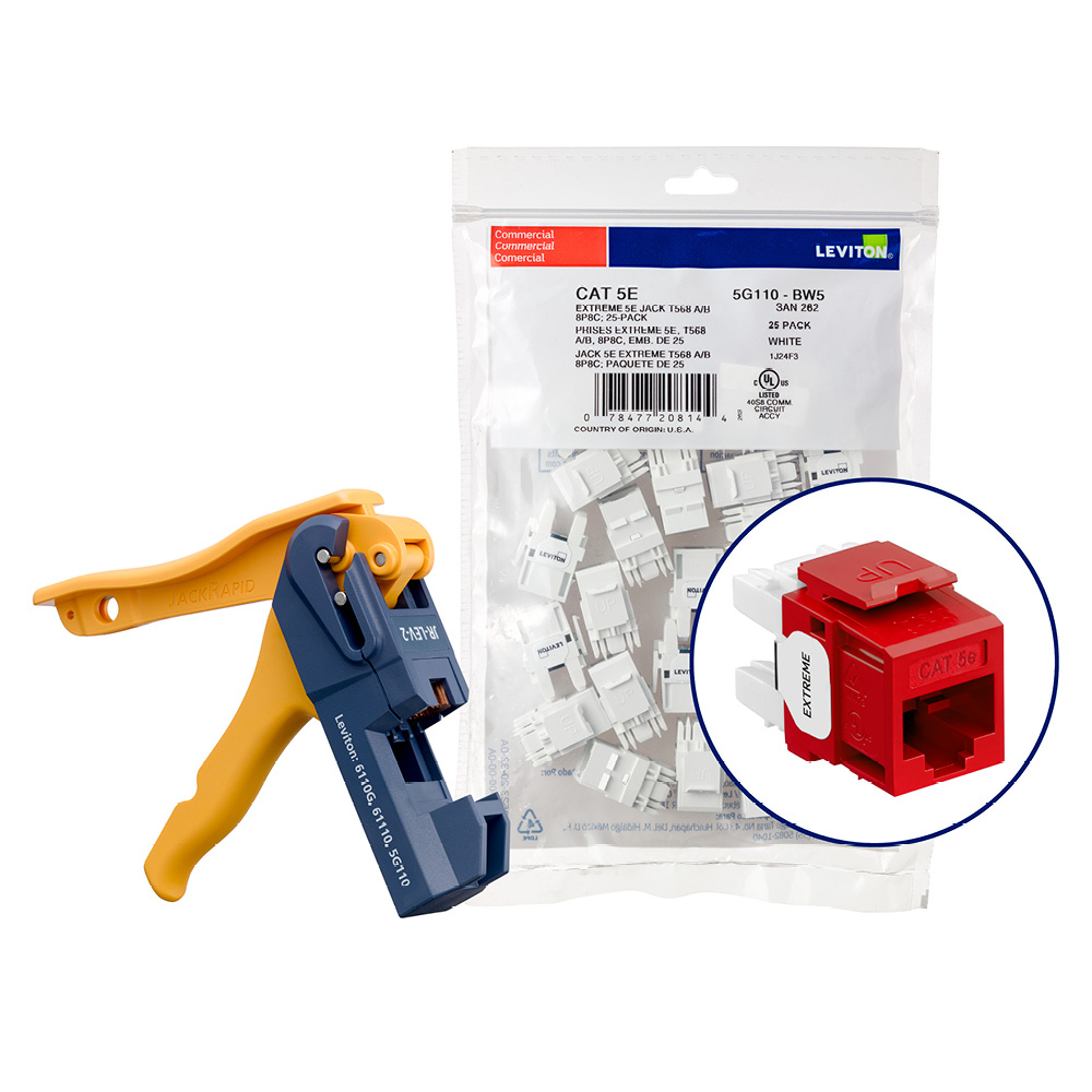 Product image for 150 EXTREME™ Cat 5e QUICKPORT™ Jacks, Bulk QUICKPACK™, Crimson, Kitted with JackRapid™ Tool