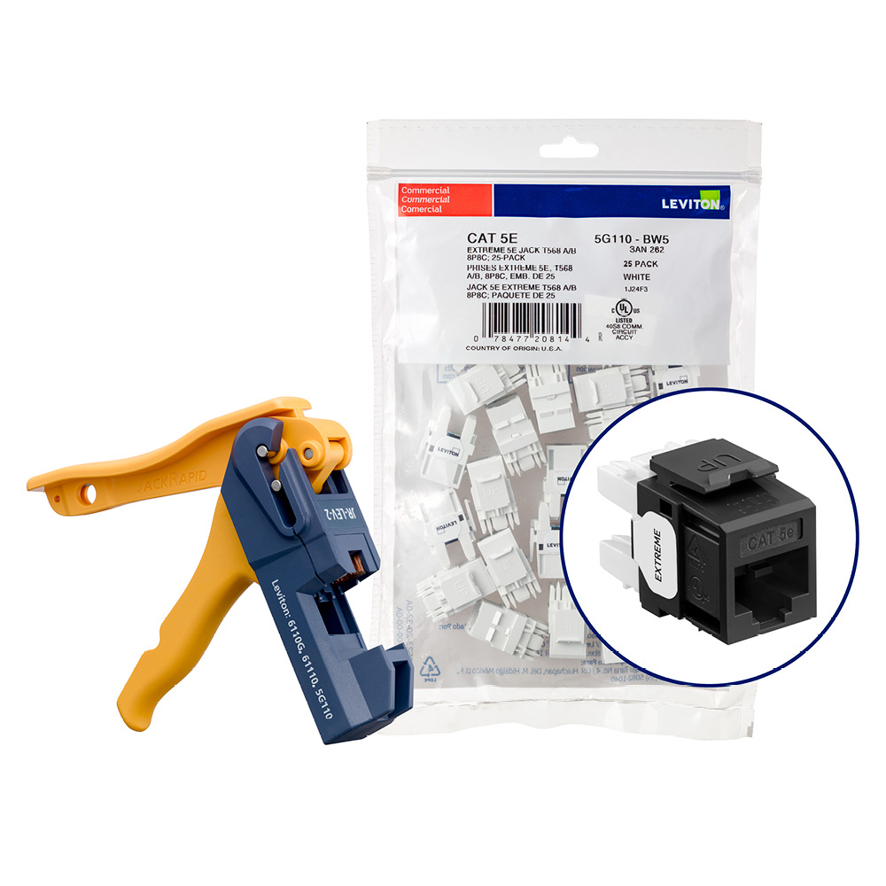 Product image for 150 EXTREME™ Cat 5e QUICKPORT™ Jacks, Bulk QUICKPACK™, Black, Kitted with JackRapid™ Tool