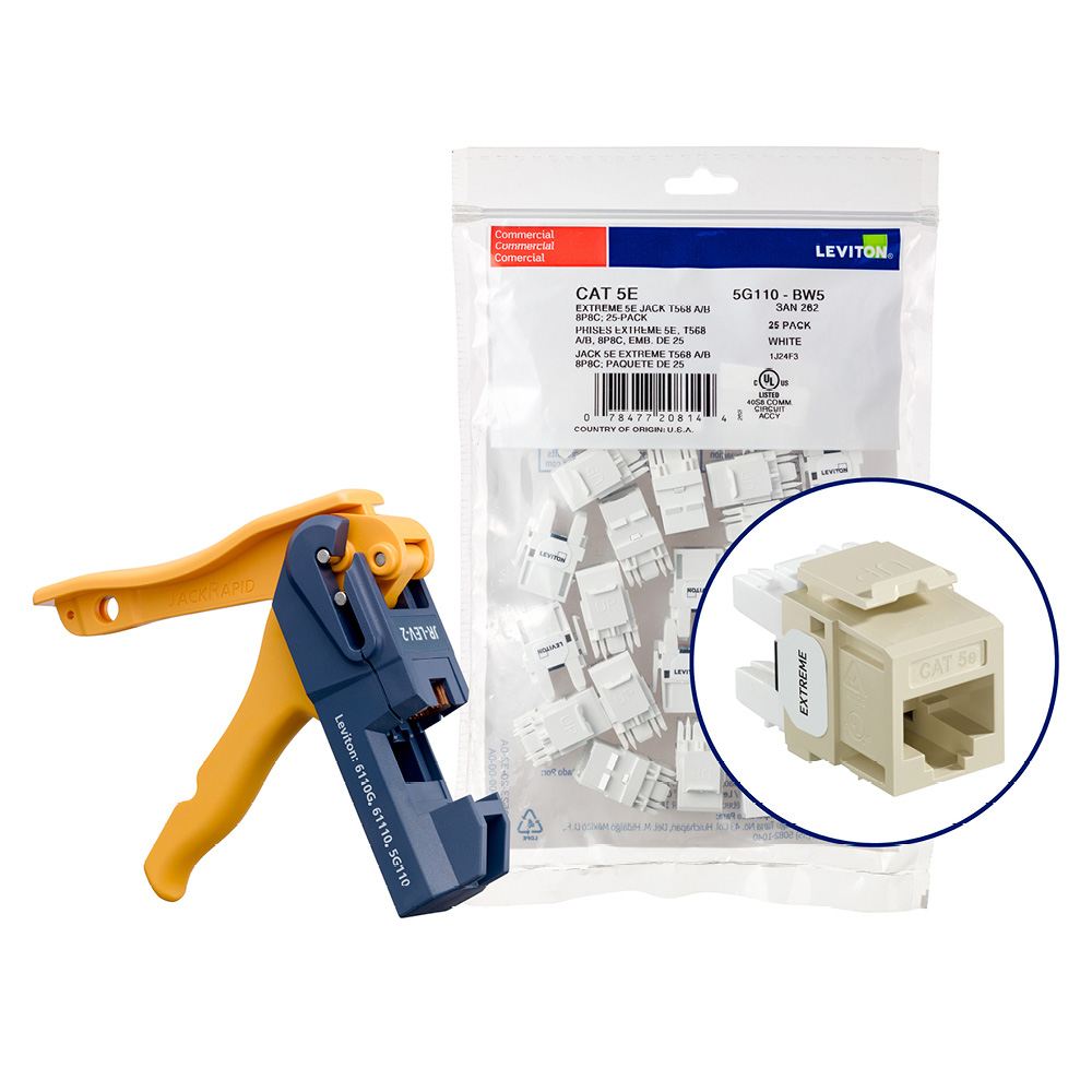 Product image for 150 EXTREME™ Cat 5e QUICKPORT™ Jacks, Bulk QUICKPACK™, Ivory, Kitted with JackRapid™ Tool