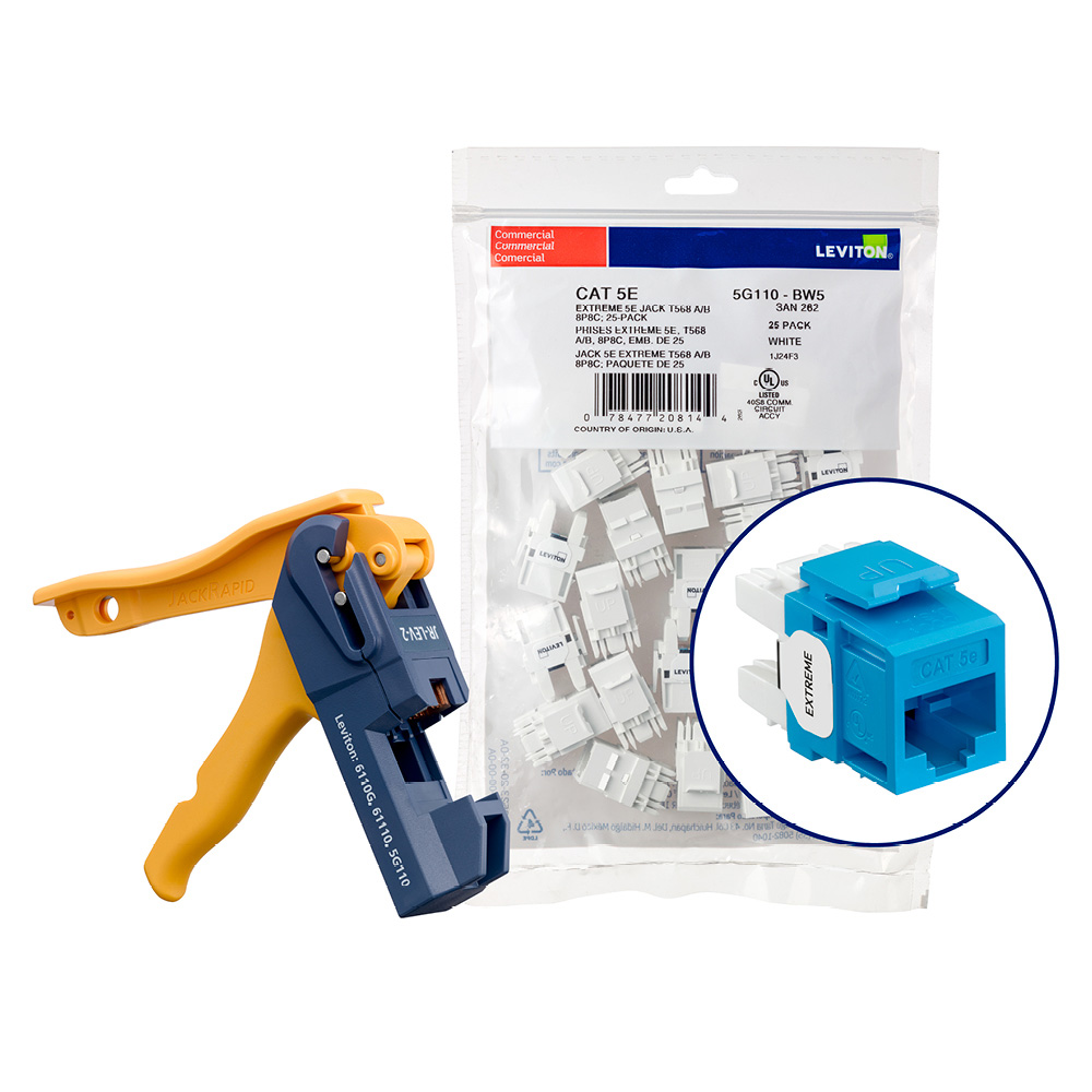 Product image for 150 EXTREME™ Cat 5e QUICKPORT™ Jacks, Bulk QUICKPACK™, Blue, Kitted with JackRapid™ Tool