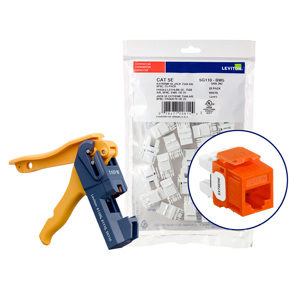 Product image for 150 EXTREME™ Cat 5e QUICKPORT™ Jacks, Bulk QUICKPACK™, Orange, Kitted with JackRapid™ Tool