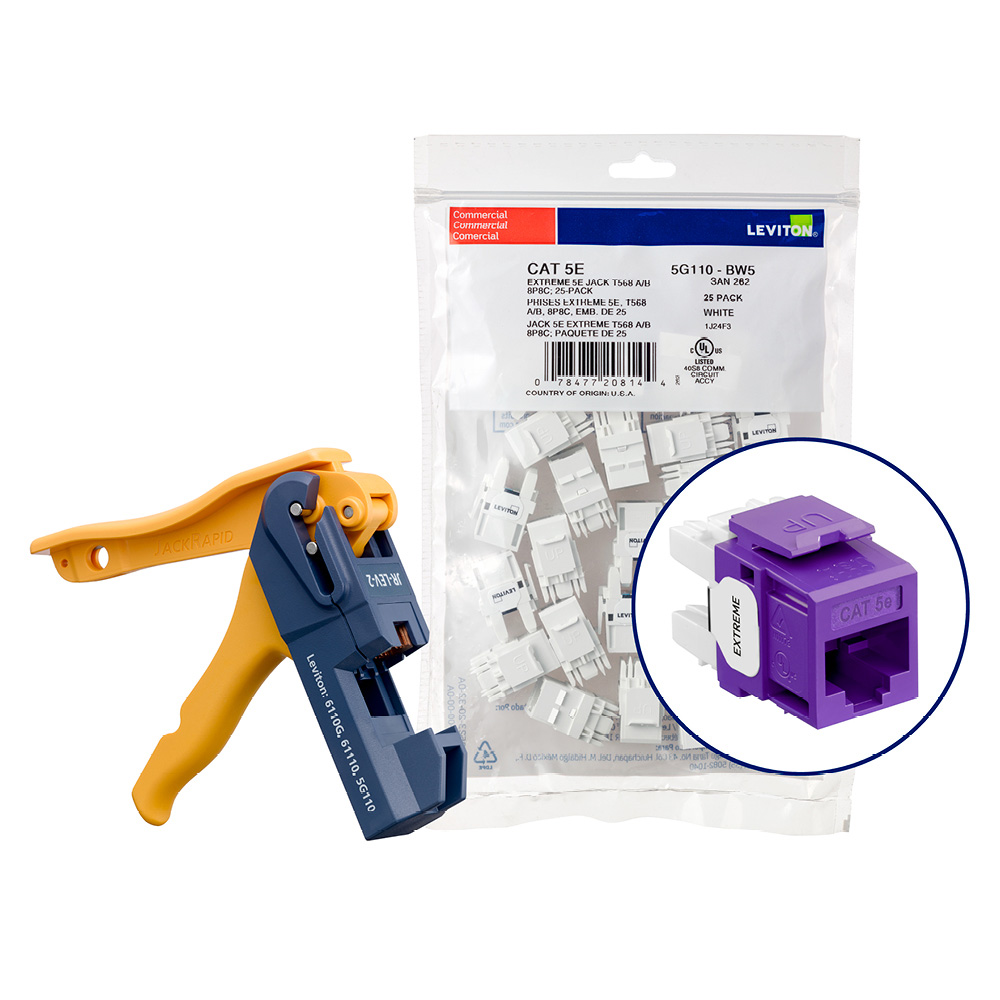 Product image for 150 EXTREME™ Cat 5e QUICKPORT™ Jacks, Bulk QUICKPACK™, Purple, Kitted with JackRapid™ Tool