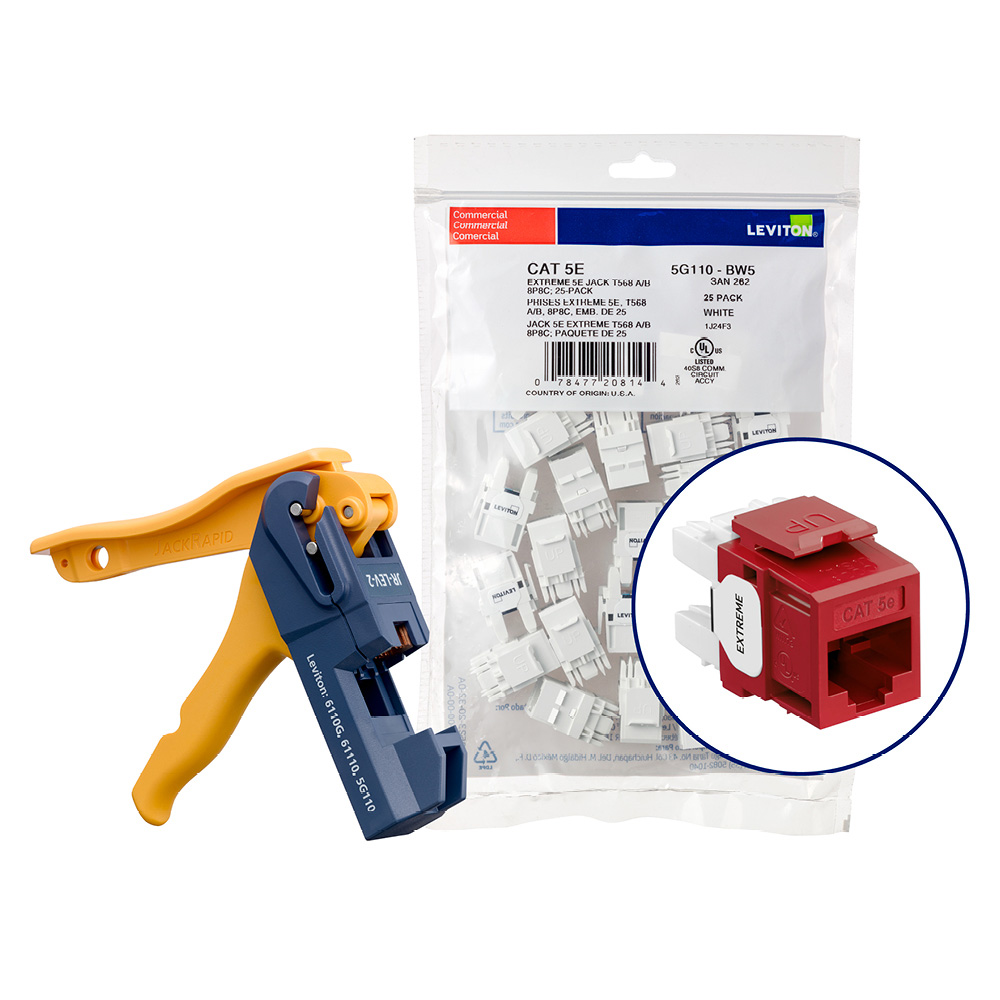 Product image for 150 EXTREME™ Cat 5e QUICKPORT™ Jacks, Bulk QUICKPACK™, Dark Red, Kitted with JackRapid™ Tool
