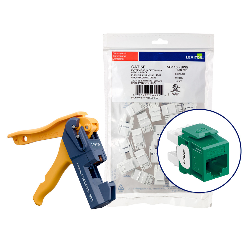 Product image for 150 EXTREME™ Cat 5e QUICKPORT™ Jacks, Bulk QUICKPACK™, Green, Kitted with JackRapid™ Tool