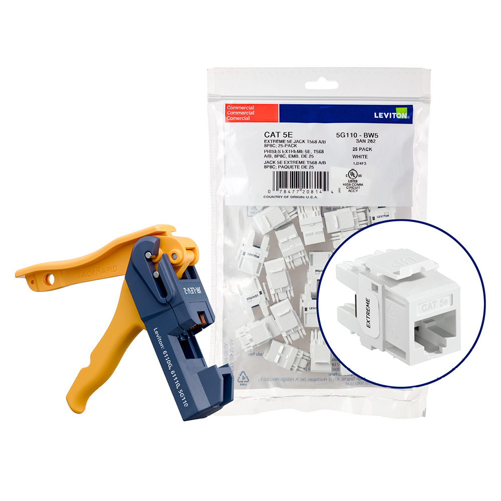 Product image for 150 EXTREME™ Cat 5e QUICKPORT™ Jacks, Bulk QUICKPACK™, White, Kitted with JackRapid™ Tool