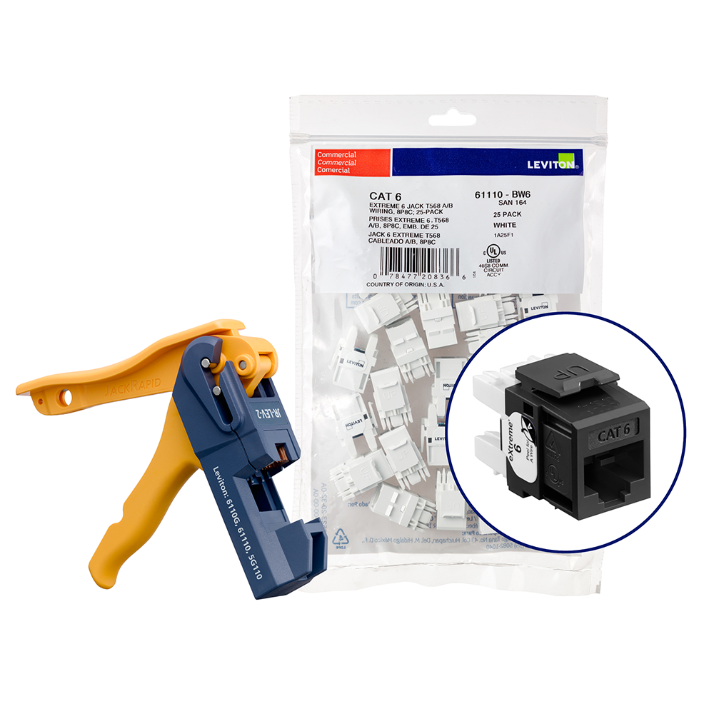 Product image for 150 EXTREME™ Cat 6 QUICKPORT™ Jacks, Bulk QUICKPACK™, Black, Kitted with JackRapid™ Tool