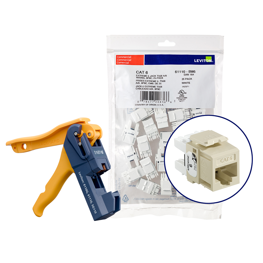 Product image for 150 EXTREME™ Cat 6 QUICKPORT™ Jacks, Bulk QUICKPACK™, Ivory, Kitted with JackRapid™ Tool