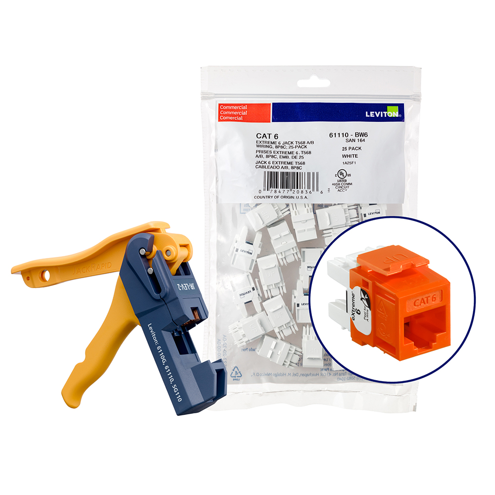 Product image for 150 EXTREME™ Cat 6 QUICKPORT™ Jacks, Bulk QUICKPACK™, Orange, Kitted with JackRapid™ Tool