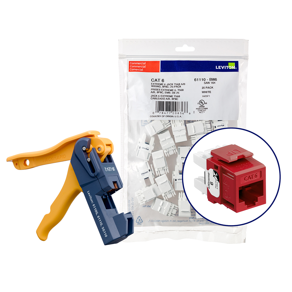 Product image for 150 EXTREME™ Cat 6 QUICKPORT™ Jacks, Bulk QUICKPACK™, Dark Red, Kitted with JackRapid™ Tool