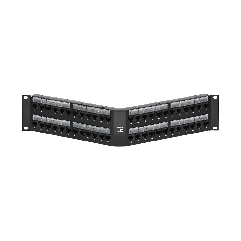 Product image for Cat 6A Angled 110-Style Patch Panel, 48-Port, 2RU, Black