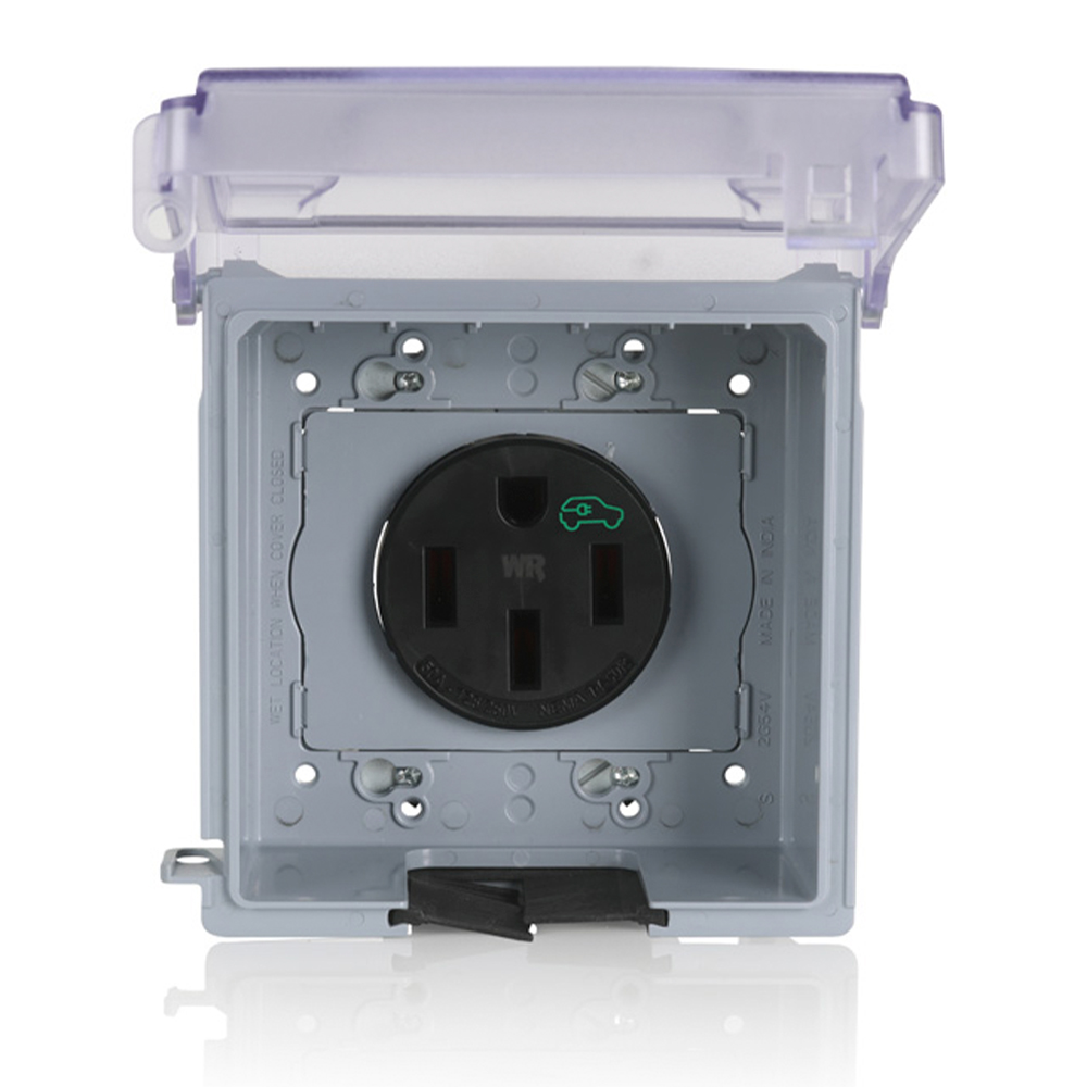 Product image for 50A Weather-Resistant EV Charging Outlet with Clear Outdoor While-in-use Cover