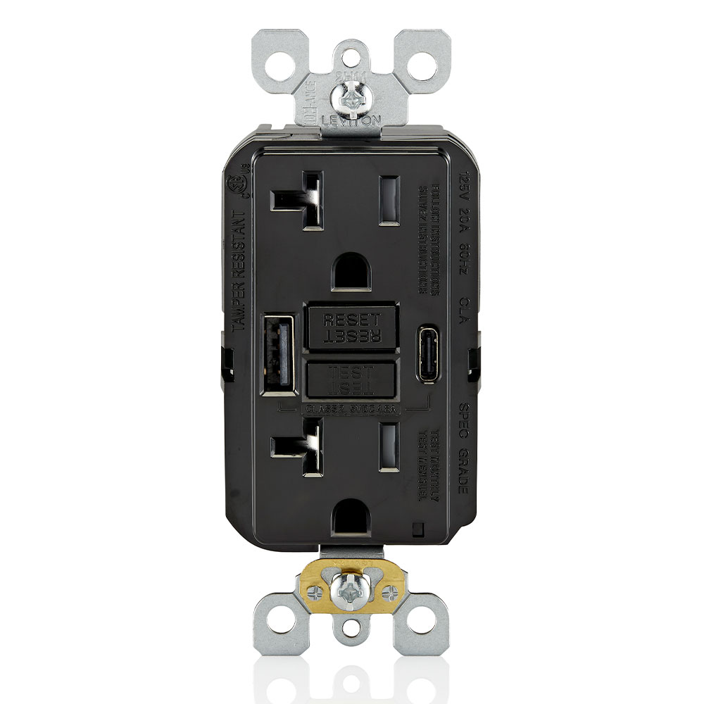 Product image for 20A SmartlockPro® Self-Test GFCI Combination 24W(4.8A) Type A/C USB In-Wall Charger Outlet – Black