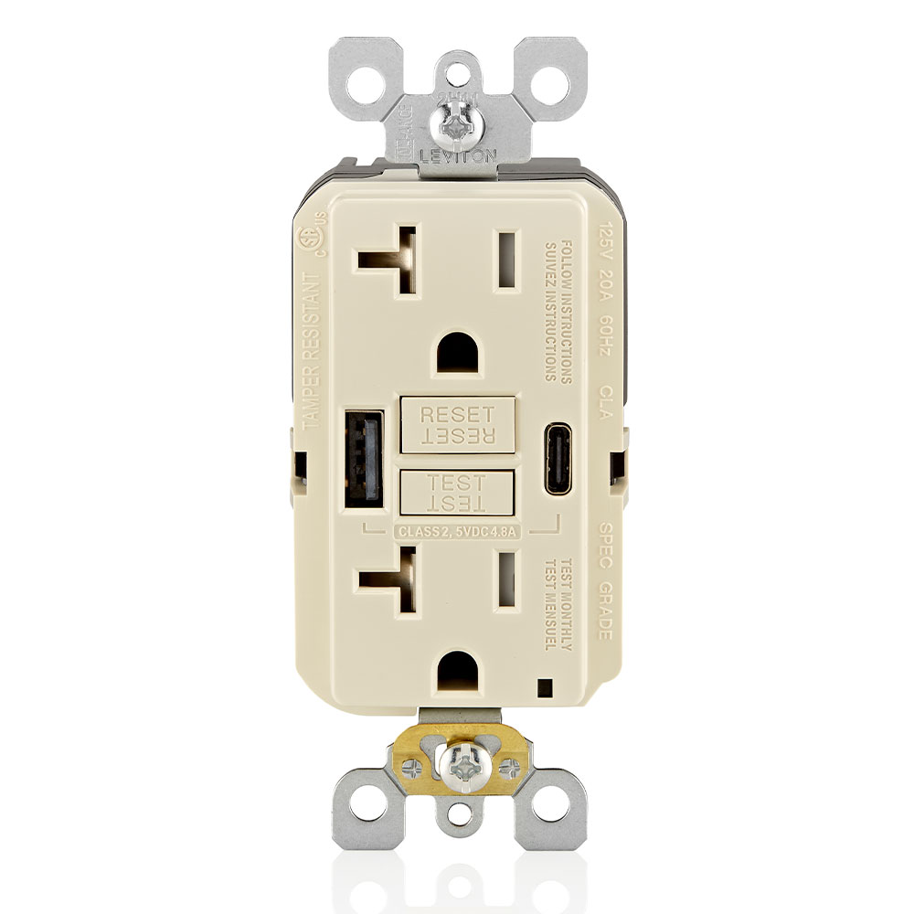 Product image for 20A SmartlockPro® Self-Test GFCI Combination 24W(4.8A) Type A/C USB In-Wall Charger Outlet – Light Almond