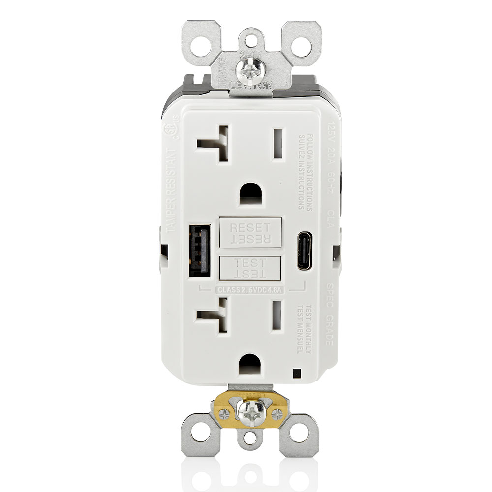 Product image for 20A SmartlockPro® Self-Test GFCI Combination 24W(4.8A) Type A/C USB In-Wall Charger Outlet – White