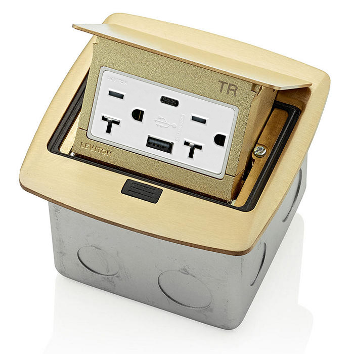 Product image for Pop-Up Floor Box with USB Type A/C Charging (27W), 20 Amp Outlet, Brass