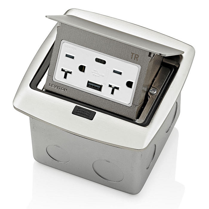 Product image for Pop-Up Floor Box with USB Type A/C Charging (27W), 20 Amp Outlet, Brushed Nickel