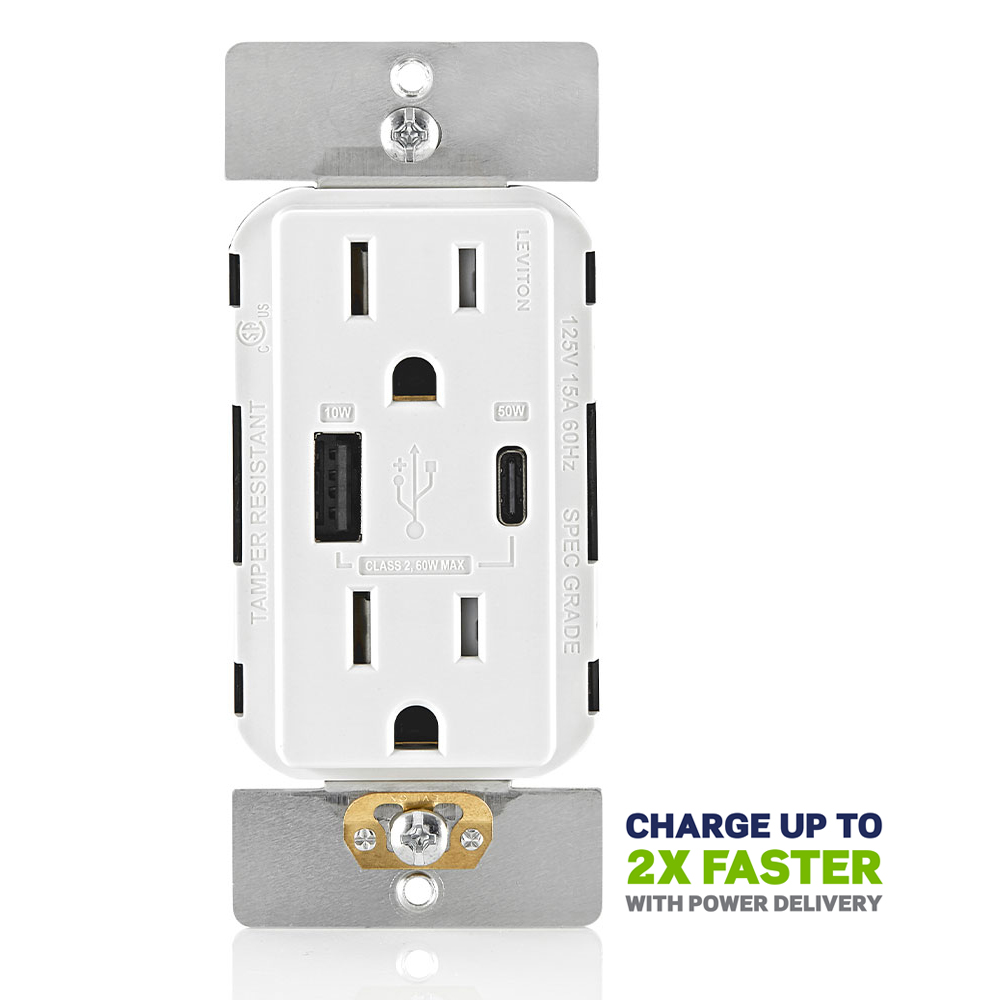 Product image for 60W (20V@2.5A+ 5V@2A) USB Dual Type A/Type-C Power Delivery Wall Outlet Charger with 15A Tamper-Resistant Outlet
