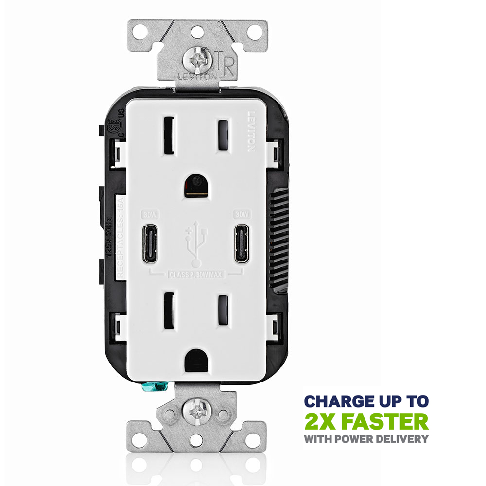 Product image for 30W (6A) USB Dual Type-C/C Power Delivery Wall Outlet Charger with 15A Tamper-Resistant Outlet