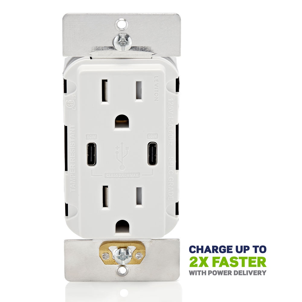 Product image for 60W (6A) USB Dual Type-C/C Power Delivery Wall Outlet Charger with 15A Tamper-Resistant Outlet