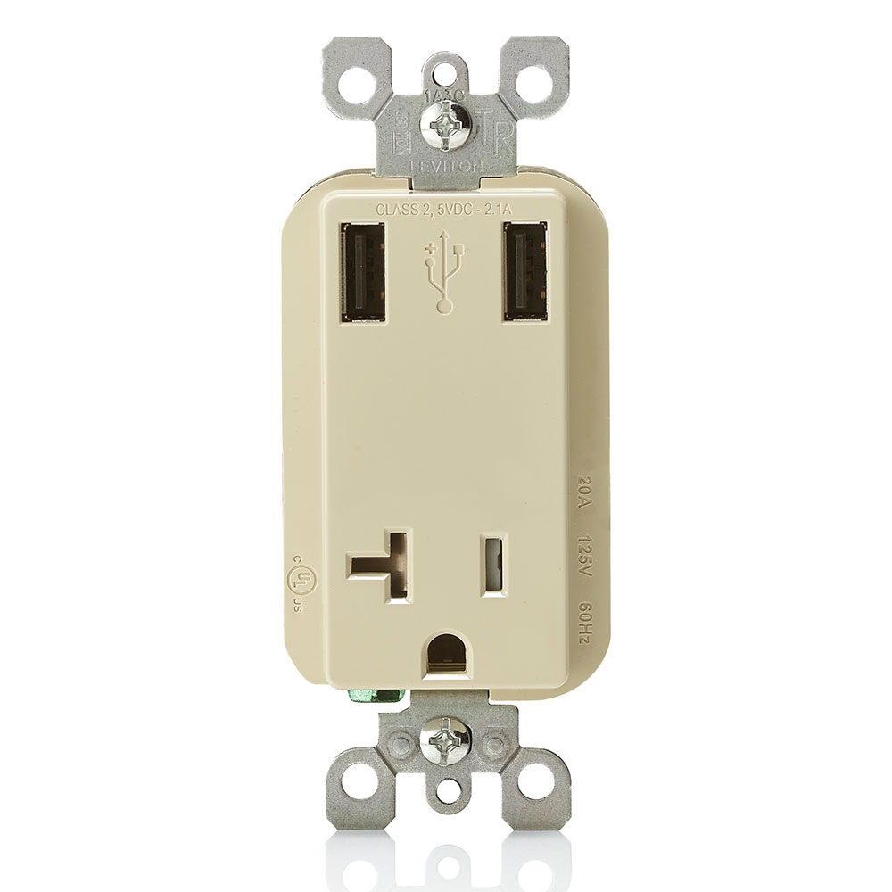 Product image for 2.1A USB Type-A/Type-A Wall Outlet Charger with 20A Tamper-Resistant Receptacle