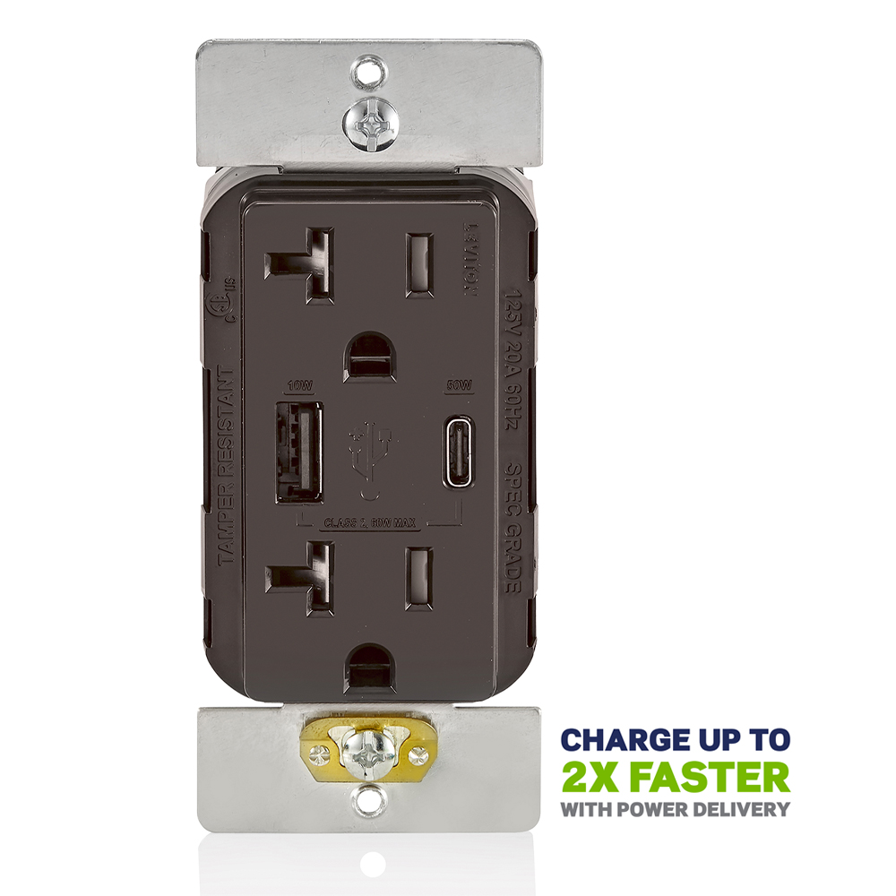 Product image for 60W (20V@2.5A+ 5V@2A) USB Dual Type A/Type-C Power Delivery Wall Outlet Charger with 20A Tamper-Resistant Outlet